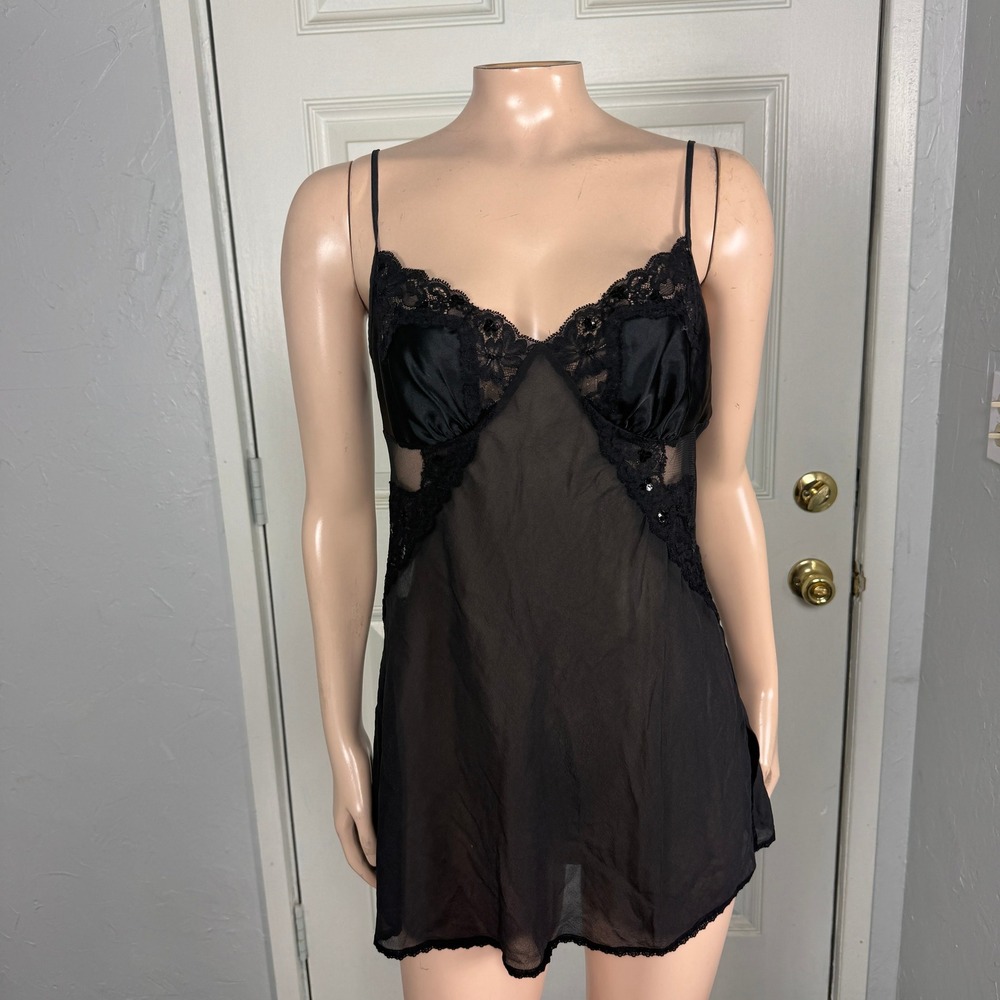 Vintage Y2K Victorias secret Lingerie dress M Silk Sheer mini Lace Sequin J3-7